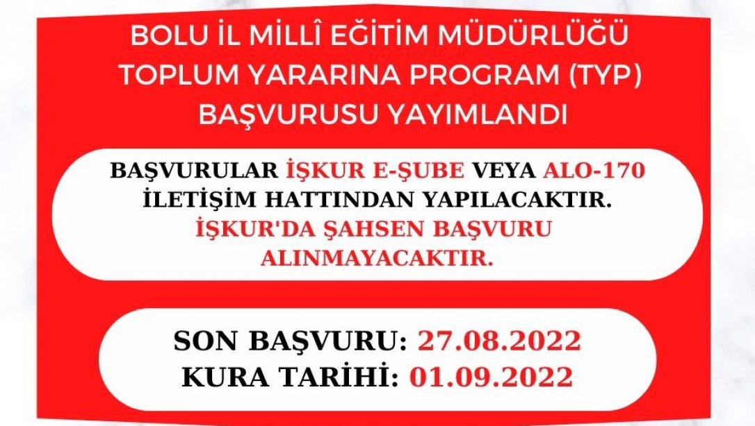 Bolu Millî Eğitim Müdürlüğü Toplum Yararına Program (TYP) Yayımlandı